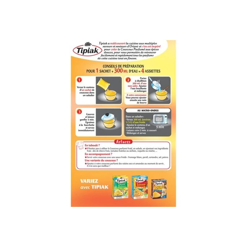 Graines de couscous parfumé aux épices douces TIPIAK les 2 sachets de 250 g