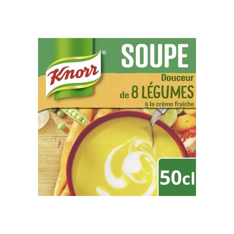 Soupe 8 légumes crème fraîche KNORR
la brique de 50 cl Soupe 8 légumes crème fraîche KNORR
la brique de 50 cl