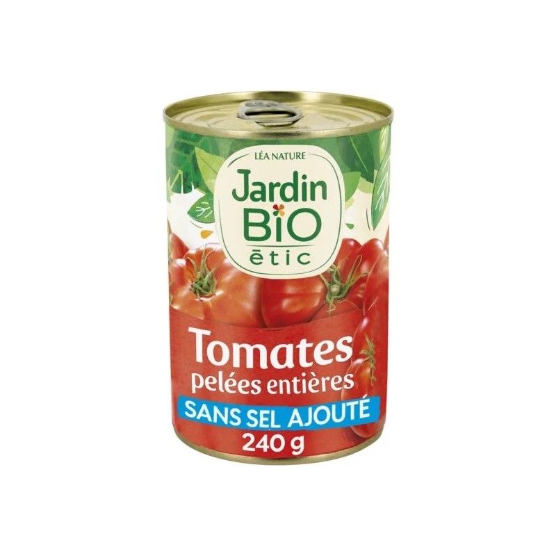 Kokonaiset kuoritut tomaatit Jardin Bio Eticin luomumehussa
240 g netto valutettu purkki