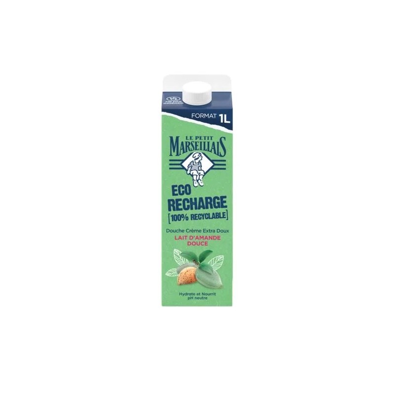 Erittäin hellävarainen suihkuvoide kosteuttaa ja ravitsee makealla mantelimaitolla. Eco Refill LE PETIT MARSEILLAIS
1 litran pul