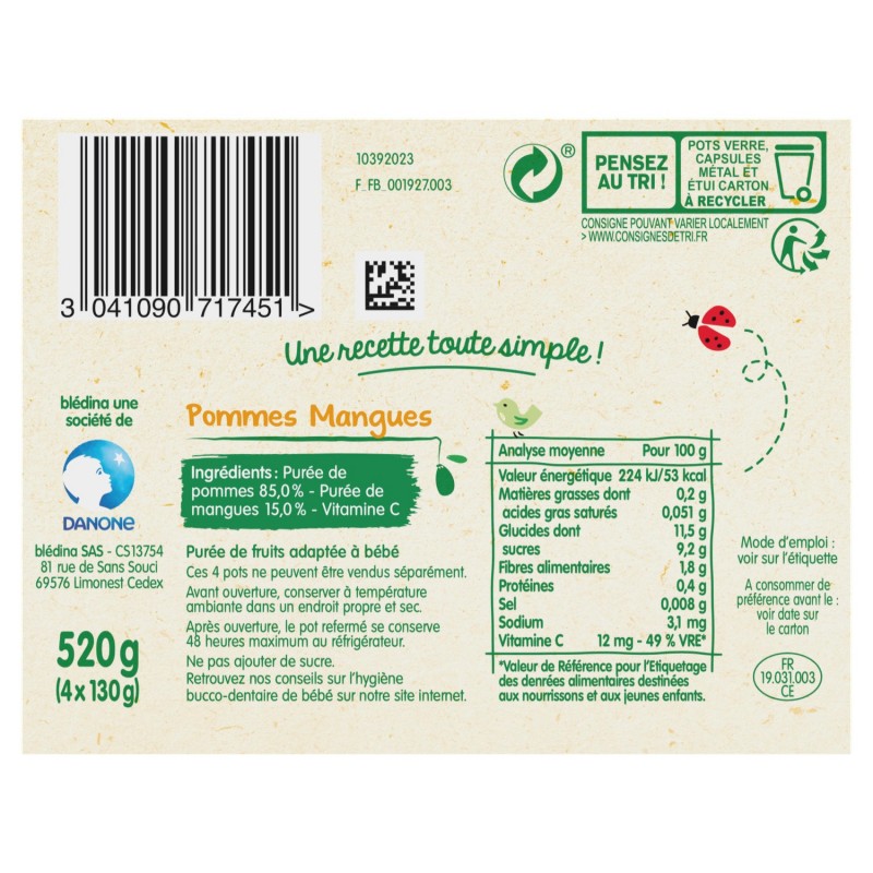 Compotes bébé dès 6 mois, pomme mangue BLEDINA