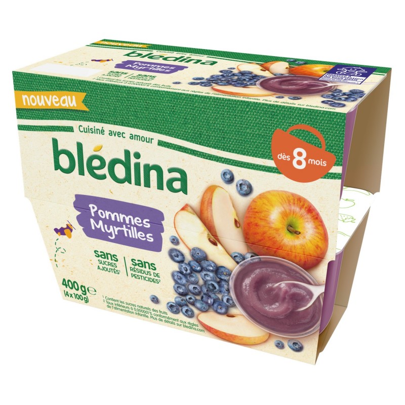 Dessert bébé dès 8 Mois compote de pommes myrtilles s/s ajoutés BLEDINA