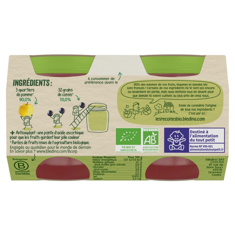 Compotes bébé bio pomme cassis dès 6 mois BLEDINA