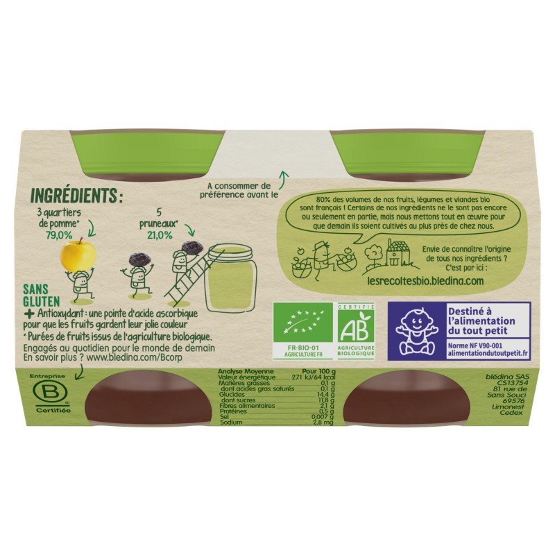 Compotes bébé bio pommes pruneaux dès 4/6 mois BLEDINA
